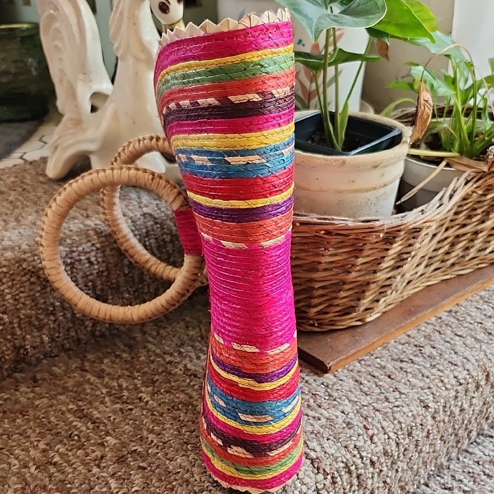 Hand-Painted Rainbow Palm Straw Bag: Half Circle Beach Tote - Picture 5 of 7